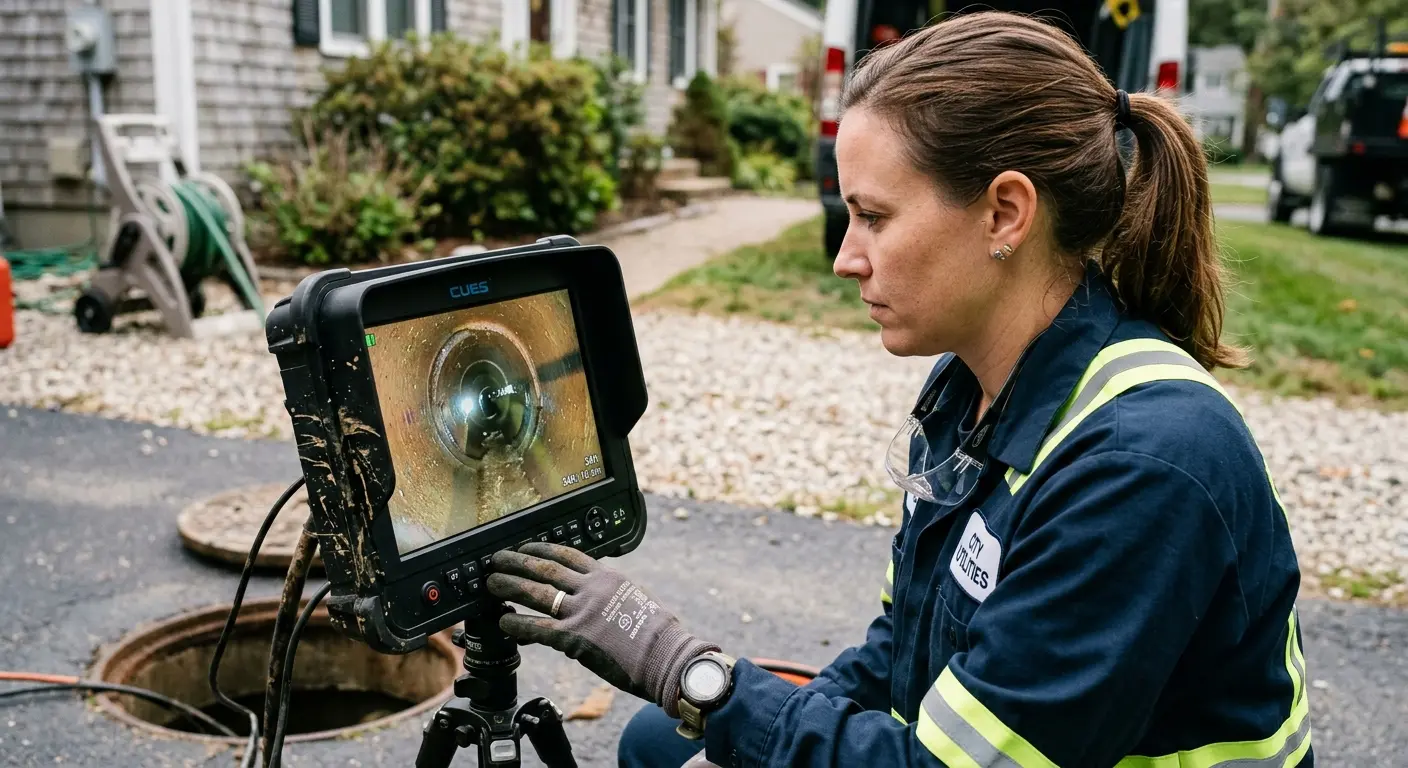 Technician reviewing sewer camera inspection footage in Edgewater
